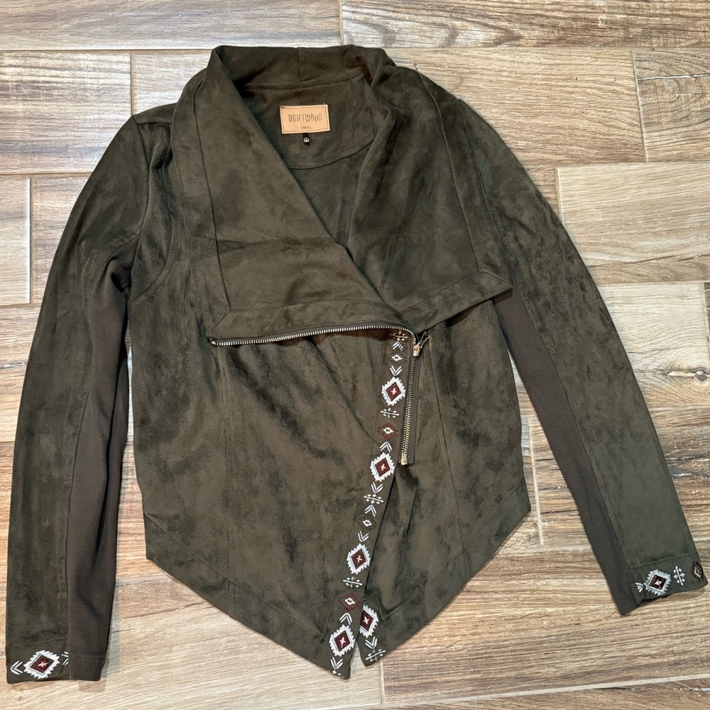 Driftwood Olive Green Faux Suede Moto Asymmetrical Zip Embroidered Jacket - Picture 2 of 5